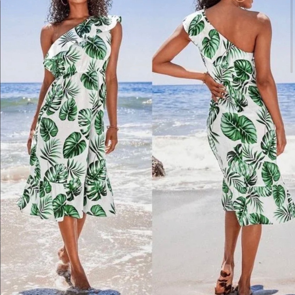 NWT White Green Tropical Palm Print One Shoulder Bathing Suit Coverup Dress